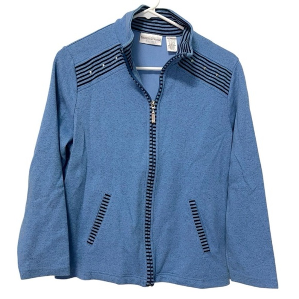 Drapers & Damons PM Blue Zip Up Jacket Rhinestone Striped Coastal Grandma Preppy